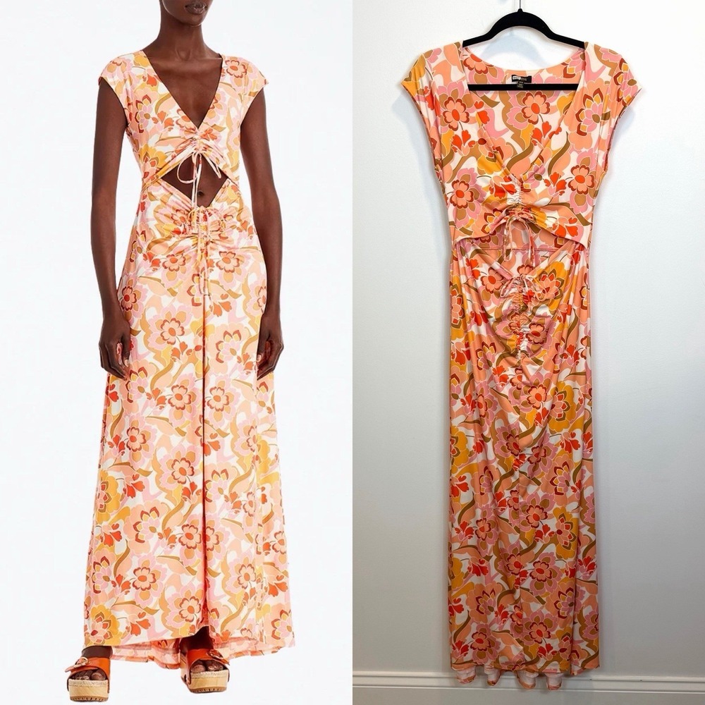 AFRM Lizette Cutout‎ Slinky Knit Maxi Dress Vintage Coral Floral Medium
